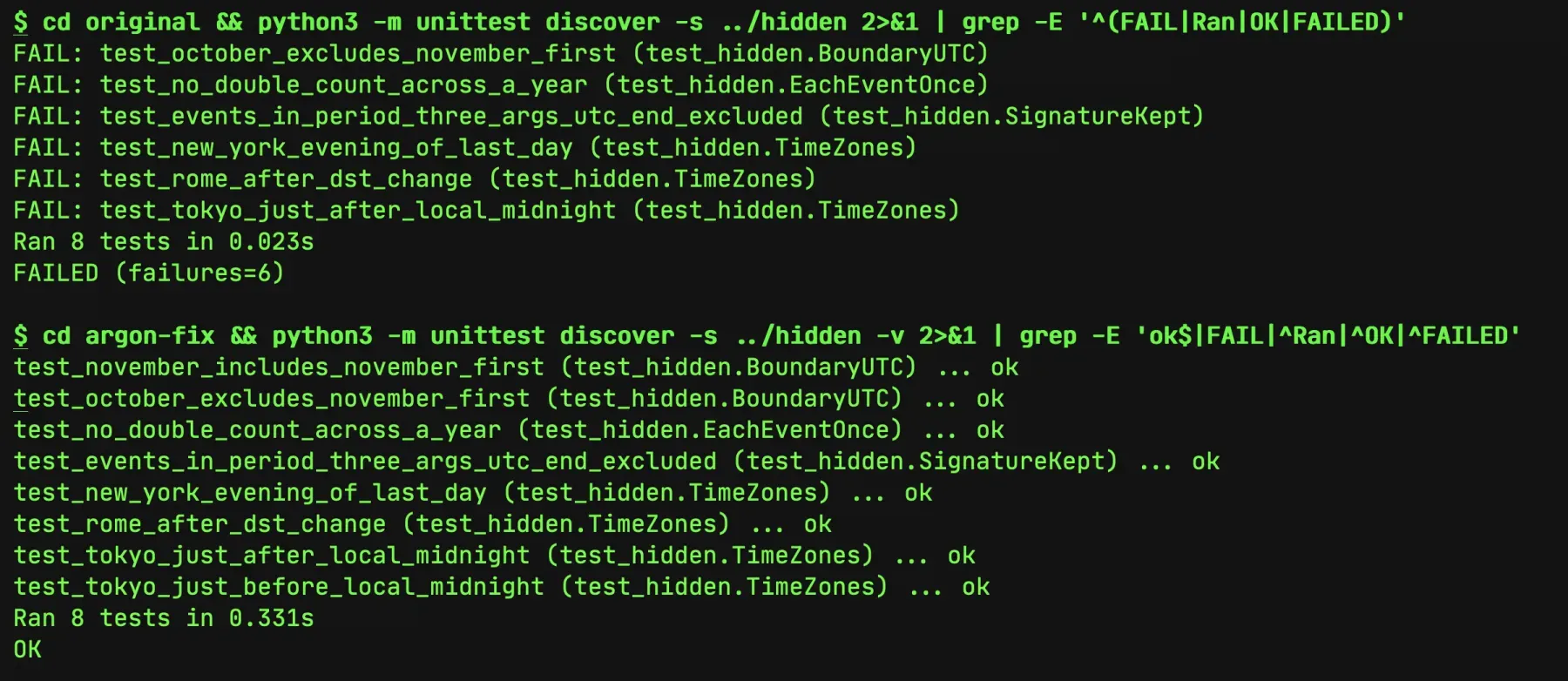 The 8 hidden tests: the original billing code fails 6, the copy Gemini 4 Argon fixed in OpenCode passes all 8