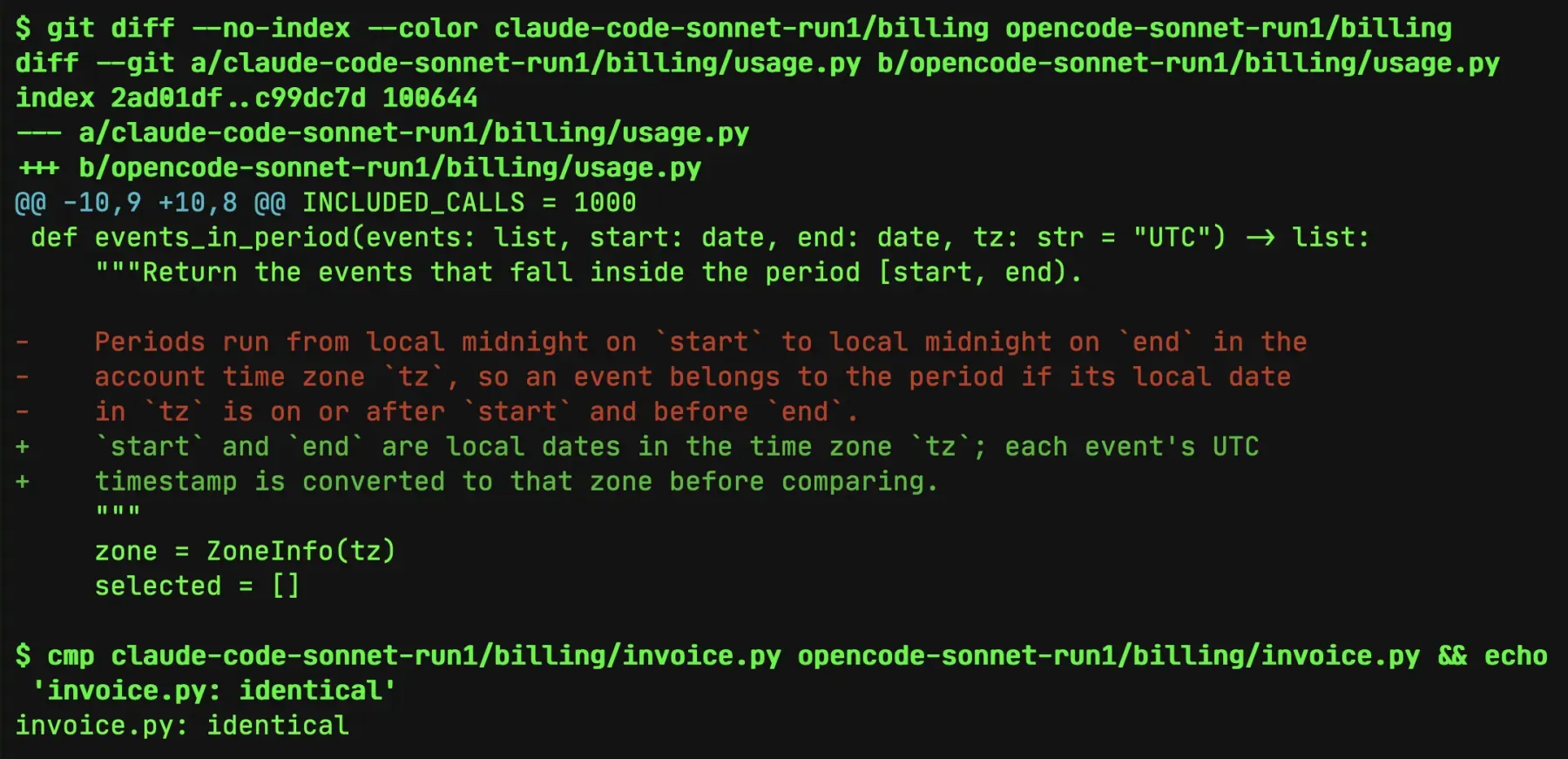 git diff between the two fixed billing folders: only the docstring of events_in_period differs, and invoice.py is identical